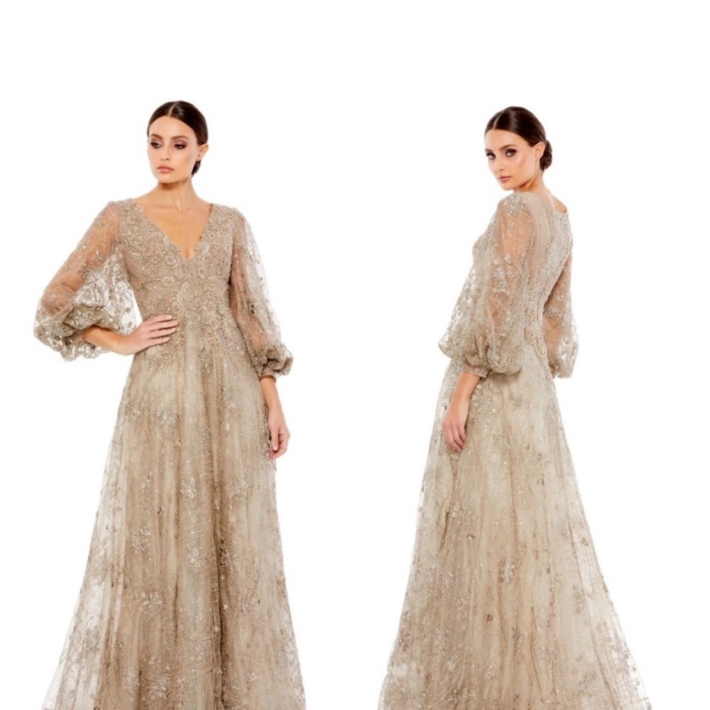 Mac Duggal Champagne Evening Gown with Balloon Sleeves